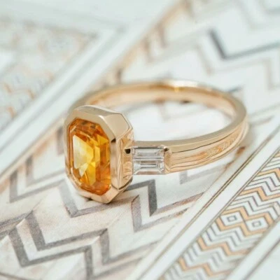 Солнечный оранжевый Fanta камень натуральный бриллиант женщин кольцо твердого 14K желтое золото - Изображение 1 из 4