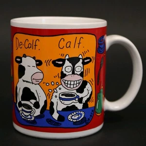 Vintage Calf DeCalf Coffee Mug Cow Humor Novelty 10oz Peacock Paper - Picture 1 of 8