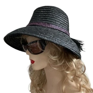 VNTG Bucket Hat Black Purple Bow Back Women's Beach Hat Wide Brimmed Woven Hat - Picture 1 of 4