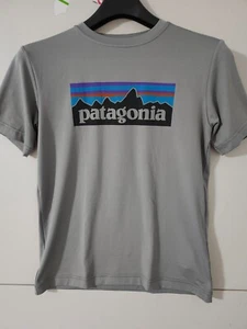 Patagonia Shirt Boys XL 14 Gray Capilene Silk Weight Short Sleve Logo Mountain - Picture 1 of 15