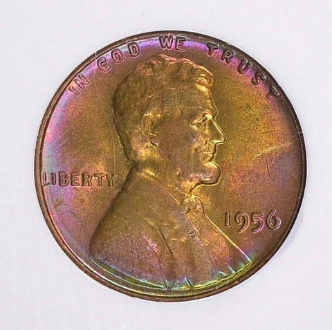 1956 Lincoln Wheat Cent NGC MS65 RB Amazing Purple/Gold Toned Cover