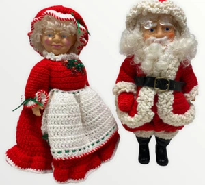 Vtg Santa & Mrs. Clause 14" Doll Figures Crochet Beaded Handmade Retro - Picture 1 of 8