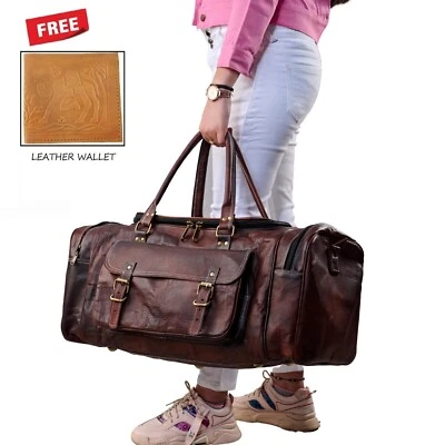 PARRYS LEATHER WORLD 100% Real Vintage Leather Handmade Duffel Travel Luggage Overnight Weekender Bag