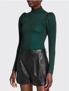 Alice + Olivia Issa Sweater Puff Sleeve Turtleneck Emerald Green Metallic Sz M - Picture 1 of 5