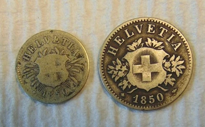 SWITZERLAND ~ TWO 1850-BB STRASBOURG MINT SILVER COINS ~ 5 RAPPEN & 20 RAPPEN - Image 1 of 2