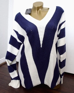 Suéter tejido Arach & Cloz cuello en V manga larga para mujer talla S/M azul marino y blanco, nuevo con etiquetas - Imagen 1 de 7