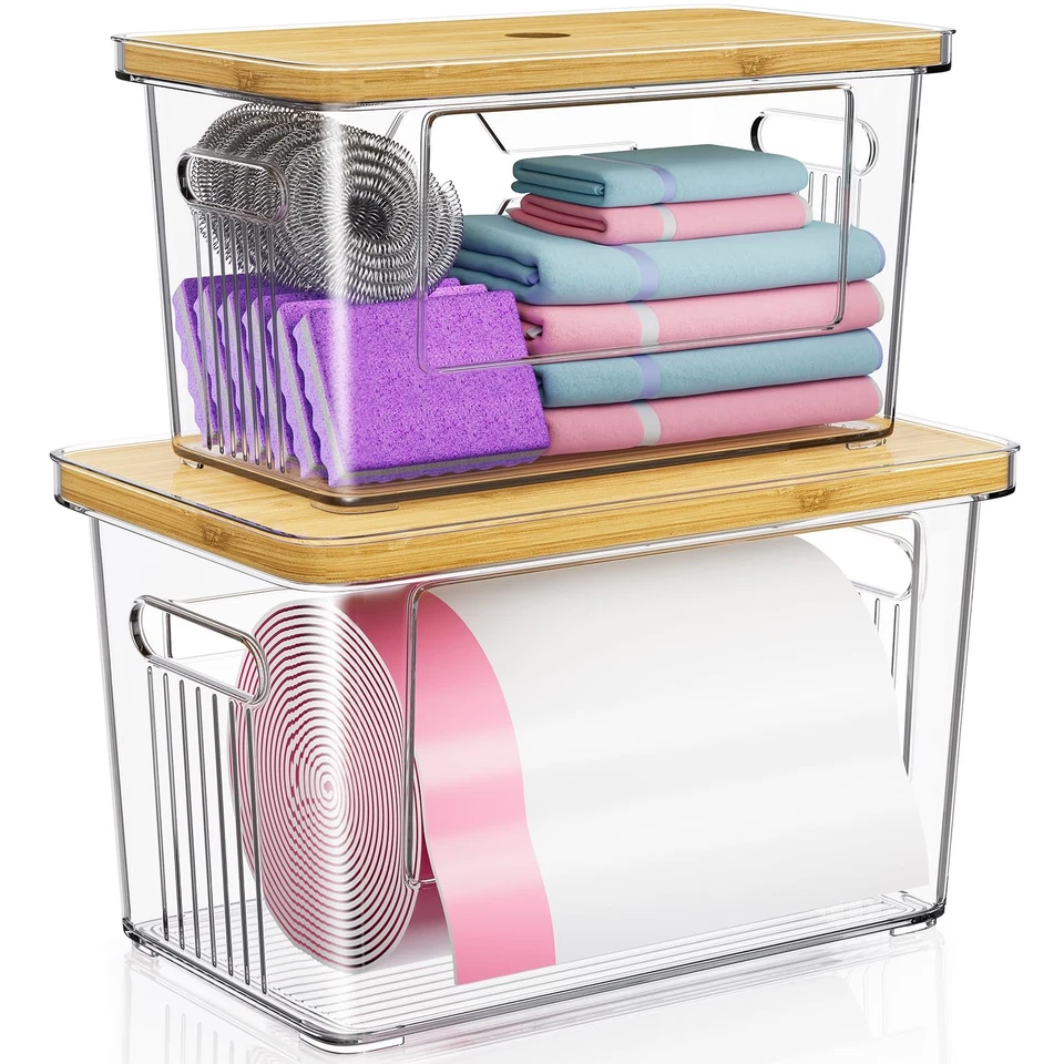 Paquete de 2 soportes para bolsas de basura con tapa de bambú, rollo dispensador de bolsas de basura apilables H... Foto 1 de 4