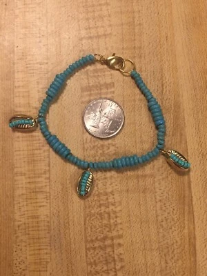 Turquoise and gold tone Puka Shell Bracelet 7 1/2 - 8 Inches Handmade Jewelry - Image 1 of 4