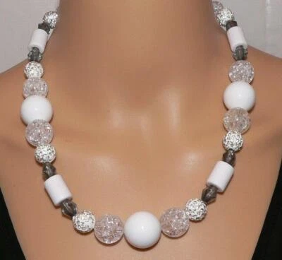 Halskette Perlen Krakelee crash opak Strass glitzer Strass Schneeweiß grau  379u - Bild 1 von 4