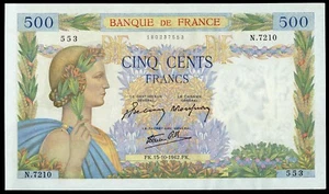 FRANCE 500 FRANCS PAX 1942 LARGE SIZE NOTE AU/UNC.NO PIN HOLES BEAUTIFUL NOTE - Picture 1 of 2