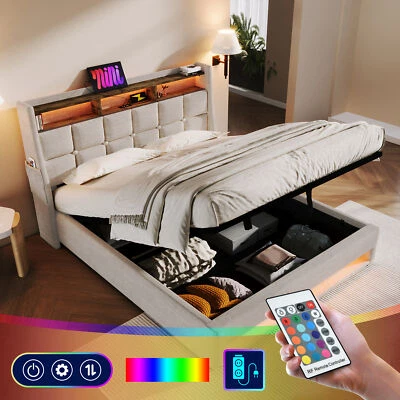 Full/Queen Upholstered Platform Bed w/Hydraulic Storage System, LED USB Charging - Image 1 of 4