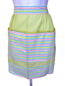 60S VINTAGE KITCHEN APRON UNWORN MINT GREEN STRIPED POLYCOTTON VINTAGE LINENS - Picture 1 of 6