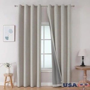Blackout Curtains 84 Inch Thermal Insulated Drapes Faux Linen Grommet Panels New - Picture 1 of 8