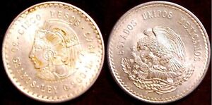 Mexico 1947 Aztec Cuahtemoc Large 5 Pesos Silver Mexican Coin