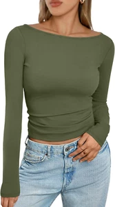 Women'S Boat Neck Tops Long Sleeve Shirts Casual Fitted Tee Shirts Solid Color F - Picture 1 of 12