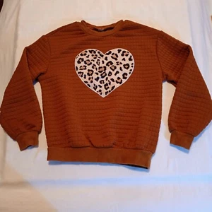Girls Sweatshirt Size 10 Brown Leopard Print Heart Long Sleeve Casual School GUC - Picture 1 of 6