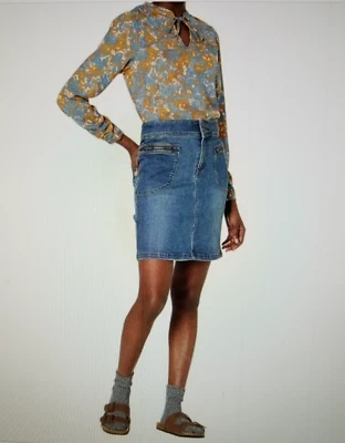 Mini-saia jeans PrAna Broadway algodão elástico orgânico azul verdadeiro tamanho 0 - Imagem 1 de 4