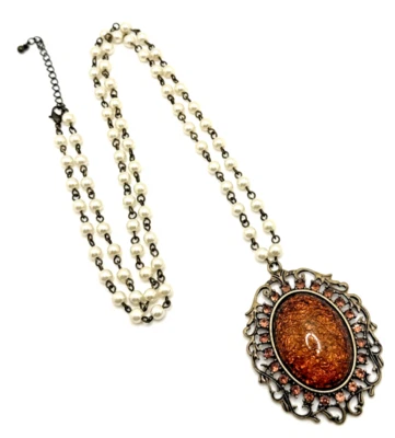 Faux Amber Amulet Pendant Necklace with Rhinestone Accents Ornate 30" - Image 1 of 4