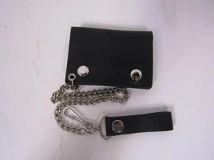 Solid Black Plain Genuine Leather Wallet With Chain (4 inch) - Picture 1 of 3