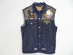 Levi Strauss XL Men's Denim Vest Biker Patriotic Christian Spikes Studs Patches - Picture 1 of 12