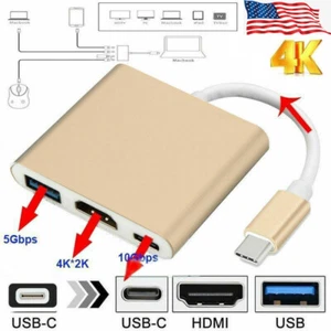 Gold Type C USB 3.1 USB-C 4K HDMI USB 3.0 Adapter Cable 3 in 1 Hub For Macbook - Picture 1 of 12