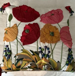 Mackenzie Childs Upscale RED POPPY 20"x20" Square PILLOW, Embroidered - Picture 1 of 20