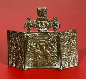 Antigua tableta rusa ortodoxa bronce latón tríptico escalado icono San Nicolás - Imagen 1 de 9