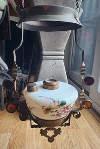 Antique Jeweled Kerosene Library Pull Down Lamp Victorian Hanging Oil Fixture - Picture 1 of 24