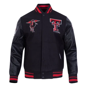 Texas Tech University Black Wool & Black Leather Varsity Bomber Jacket - Bild 1 von 8