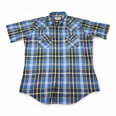 Camisa Western Vintage Ely Cattleman Adulto GRANDE Azul Amarillo Cuadros Perla A Presión Años 90 Foto 1 de 4