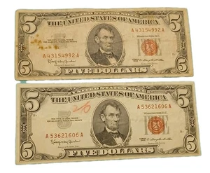 Lot of 2 - 1963 $5 Five Dollar Red Seal U.S. Small Size Notes Circulated US Bill - Picture 1 of 2