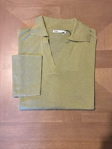 Zara V-collar Long Wide Sleeve Polo Sweater Sz L Viscose Cotton Olive - Picture 1 of 10