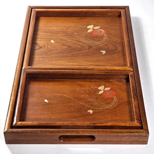 VTG MCM 3pc Wooden Nesting Serving Trays 1980’s Hand Painted Maki-e Japan - Picture 1 of 19