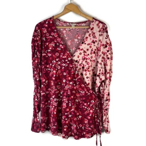 Cato Womens Tunic Top Size 3X 22/24W Pink Floral Wrap V-Neck Ruched Long Sleeve - Picture 1 of 11