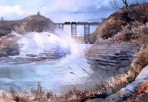 Tren de otoño sobre viaducto y cascada de Portageville, Nueva York Tarjetas de notas de acuarela - Imagen 1 de 2