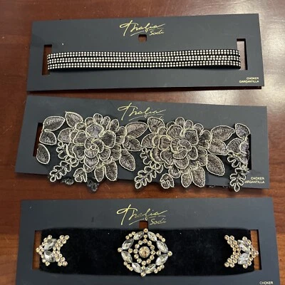 3Thalia Sodi Gold Tone Crystal /Lace/leather Black Chokers $29.50 value Each NEW - Image 1 of 4