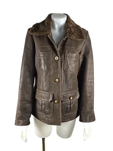 READ DESC - Dunne & Cole Brown Leather Button Faux Fur Collar Jacket Sz Medium - Picture 1 of 4