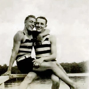 Two men embracing at the lake 1930s gay photo collection 4" x 4" - Picture 1 of 1