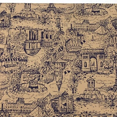 Yoko Okamoto Japanese Print Paris Toile Tan Blue Cotton Fabric by the HALF YARD - Image 1 of 4