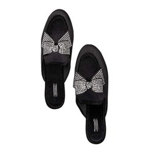 NEW VICTORIA'S SECRET SILVER RHINESTONE BOW BLACK VELVET SLIDE SLIPPERS SMALL - Picture 1 of 2