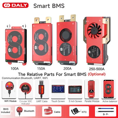 Daly BMS 4S 12V/8S 24V/16S 48V 100A-500A LiFePo4 Smart BMS +Bluetooth Module lot - Image 1 of 4