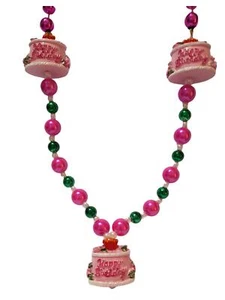 Happy Birthday Pink Cake Girl Mardi Gras Beads Party Favor Necklace - Picture 1 of 4