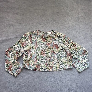 H&M Shirt Womens Medium Black Green Long Sleeve Cropped Floral Casual Ladies - Picture 1 of 9