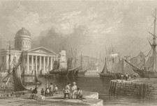 Canning dock and custom house, Liverpool. BARTLETT 1842 old antique print