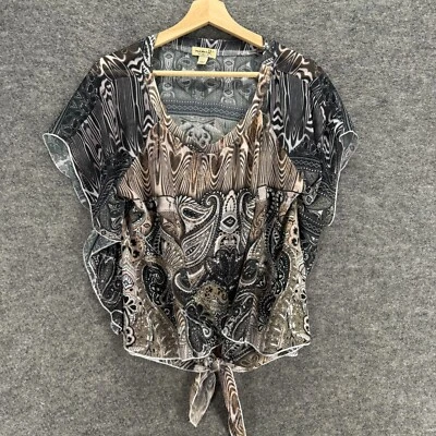 One World Blouse Women L Large Black Geometric Short Sleeve Tie Up Round Neck - Image 1 of 4