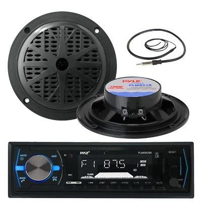 Pyle Marine USB AUX Black Radio, Black 5.25" 100W Marine Speakers,Marine Antenna - Image 1 of 4