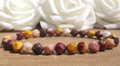 Faceted Mookaite Bead Stretch Bracelet, 8mm Natural Stone Beaded Boho Bracelet - Image 1 of 4