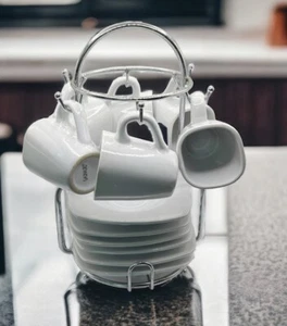 White GAUNAURD CERAMIC ESPRESSO CUPS & SAUCERS SET W/ STAINLESS SILVER CADDY - Picture 1 of 10