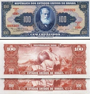 Brazil 100 Cruzerios 1964, UNC, 2 Pcs PAIR, Consecutive, P-170c, S 14, Estampa 1 - Picture 1 of 4