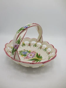 Vintage RCCL Hand Painted Ceramic Basket Portugal Floral with Braided Handle - Picture 1 of 9